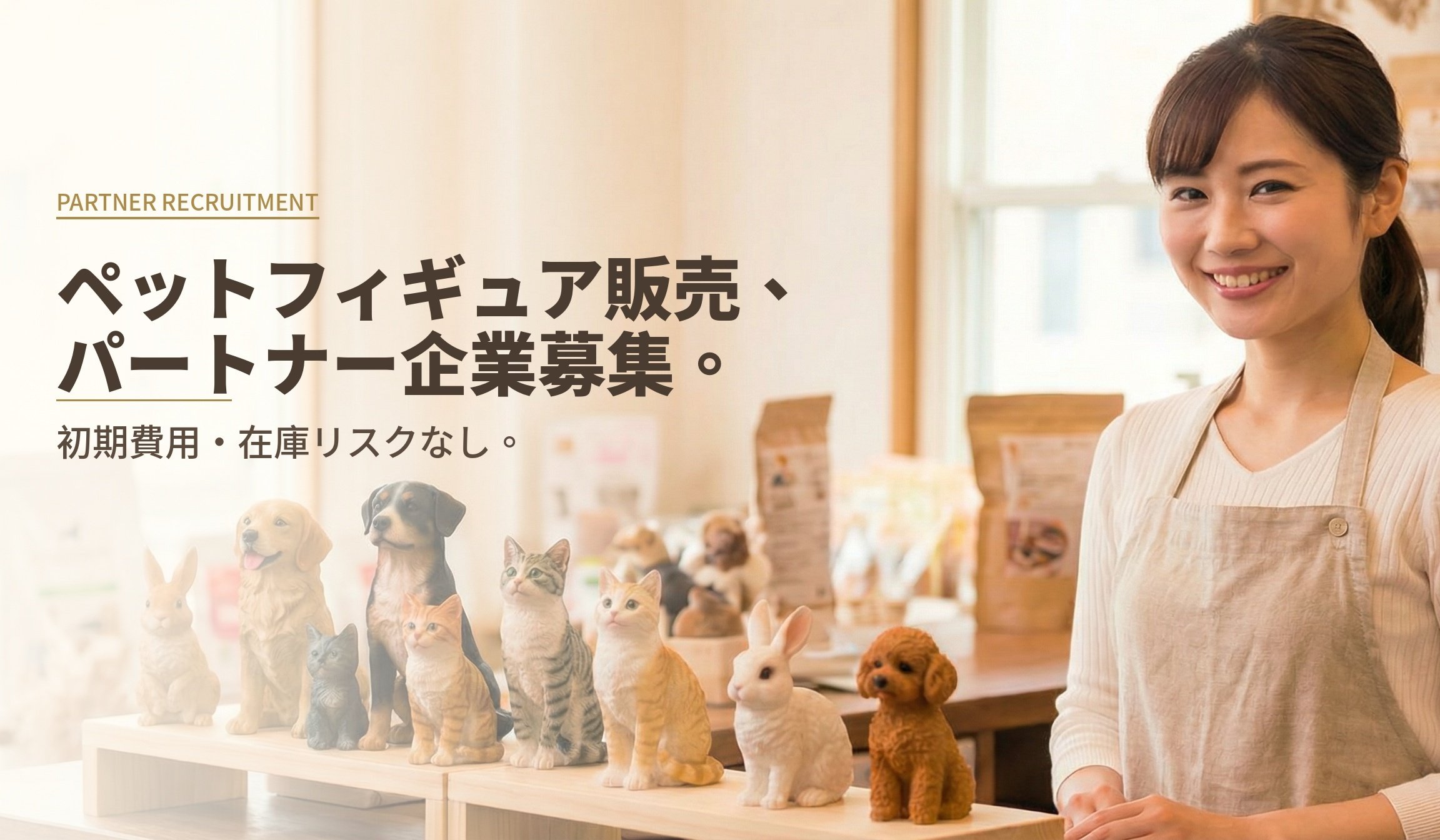 ペットフィギュアが並ぶカウンターとスタッフ