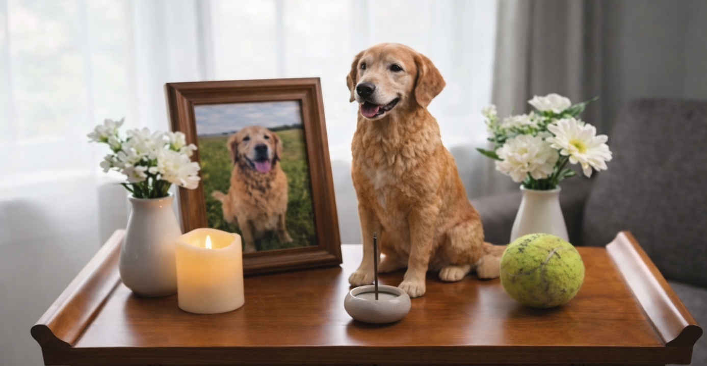 テーブルに飾られたペットフィギュアとメモリアル